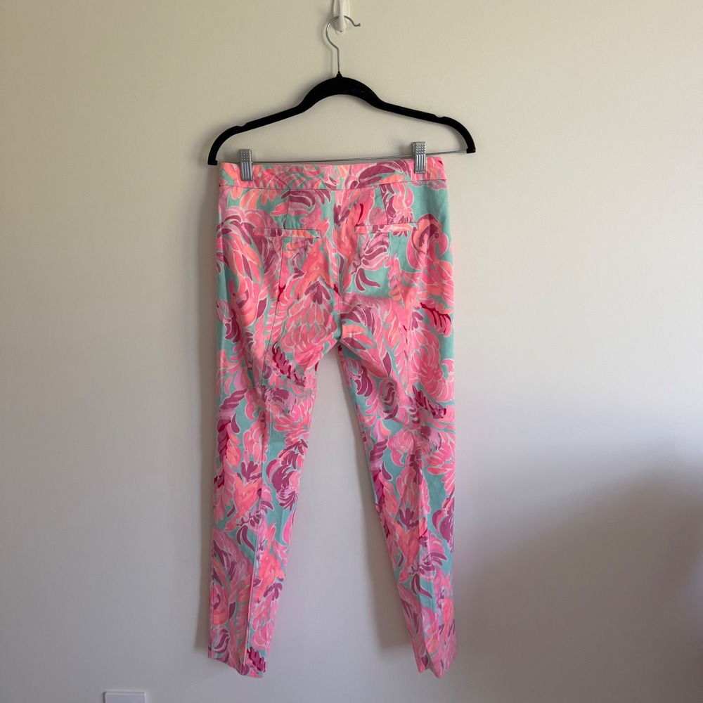 Lilly Pulitzer Kelly Ankle Pants Pink Blue Floral Jacquard Slim Trousers Size 4 - Picture 2 of 4